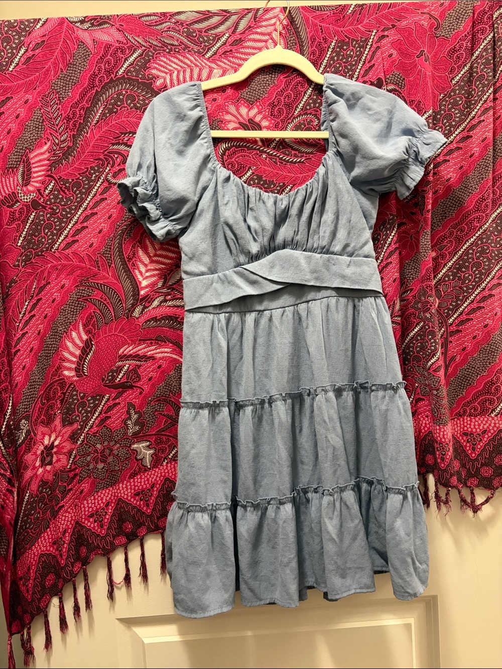 Light Blue Tiered Puff-Sleeve Dress